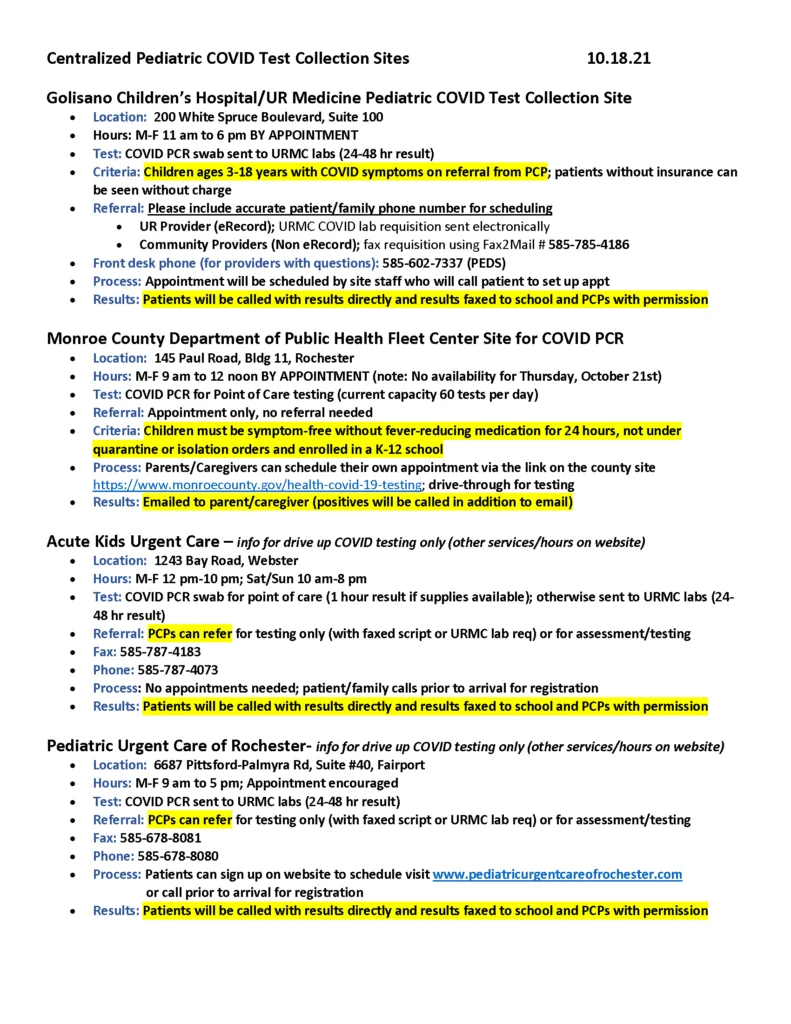 A printed document listing pediatric COVID test collection sites, including locations, hours, contacts, and notes. Sections include Golisano Children’s Hospital, Monroe County Health Fleet Center, and Acute Kids Urgent Care. Key info is highlighted.