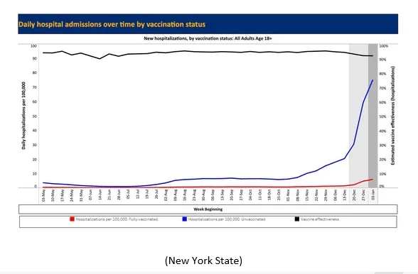 Line graph showing daily hospitalizations per 100,000 for fully vaccinated (low, flat red line) and unvaccinated adults (rising blue line) in New York State, with vaccine effectiveness (black line) mostly above 90%.