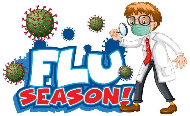 Cartoon of a doctor in a white coat and mask examining viruses with a magnifying glass, alongside large text reading Flu Season! surrounded by illustrated virus particles.