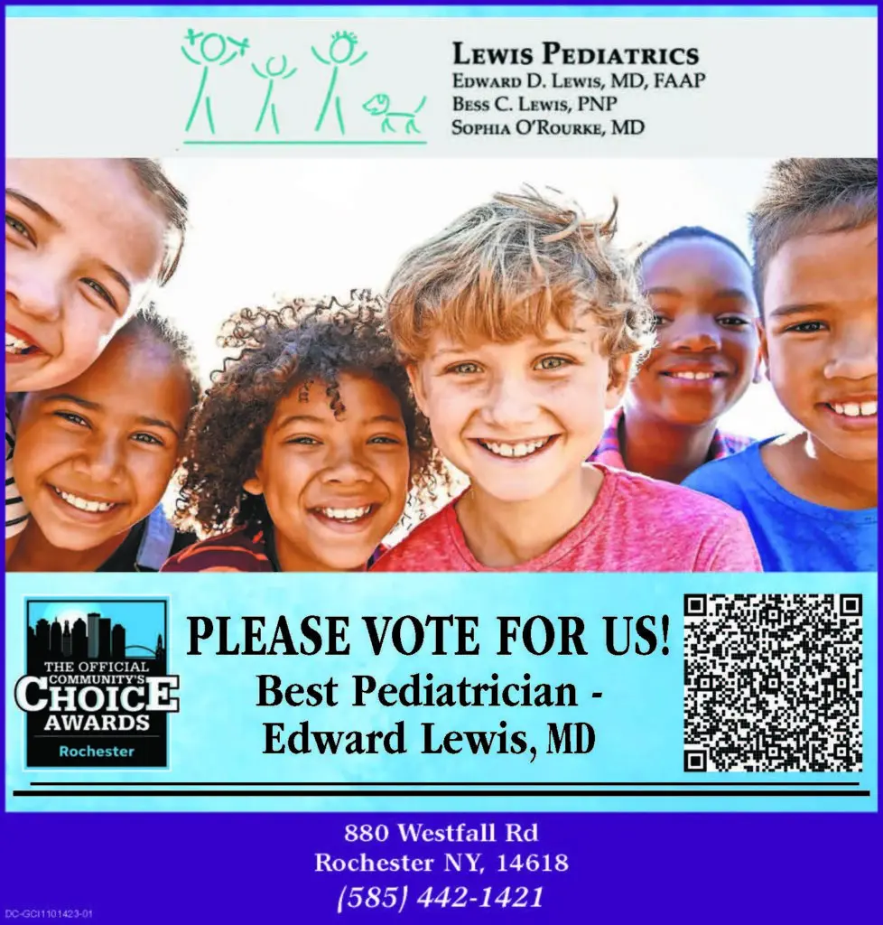 A diverse group of smiling children; text encourages voting for Edward Lewis, MD in the Community Choice Awards - Please Vote! Includes contact info for Lewis Pediatrics and a QR code.