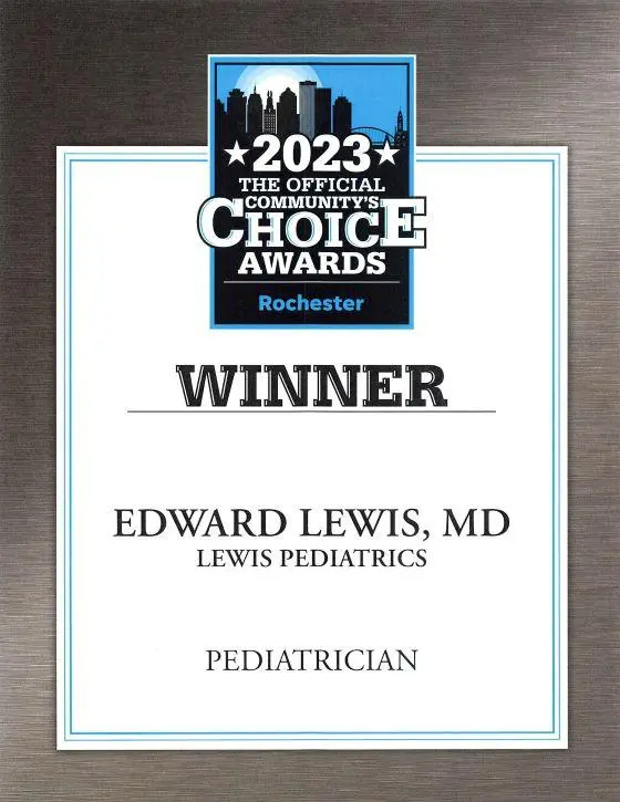 A certificate with a blue and black header reading 2023 The Official Communitys Choice Awards Rochester names Edward Lewis, MD of Lewis Pediatrics as the winner in the Pediatrician category.