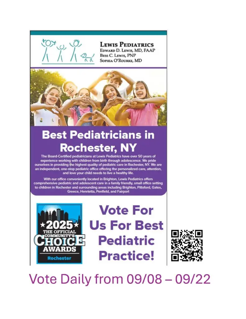 A flyer for Lewis Pediatrics shows smiling children lying on grass, announces Best Pediatricians in Rochester, NY, and encourages voting daily from 09/08 to 09/22 for the Best Pediatric Practice in Rochesters 2025 Choice Awards.
