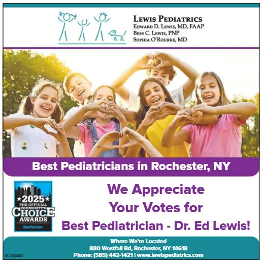 A group of smiling children make heart shapes with their hands. Text promotes Lewis Pediatrics as Best Pediatricians in Rochester, NY and thanks voters for choosing Dr. Ed Lewis as Best Pediatrician. Contact information is included.