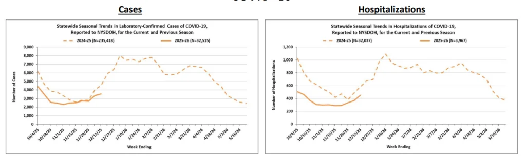 Two line graphs compare statewide weekly COVID-19 case and hospitalization numbers for New York across two seasons (2023–24 and 2022–23), showing higher peaks in the earlier season for both metrics.