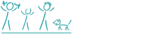 Three stick figures, including two adults and one child, stand beside a dog. To the right, text reads: Lewis Pediatrics, Edward D. Lewis, MD, FAAP, Bess C. Lewis, PNP, Sophia O’Rourke, MD.