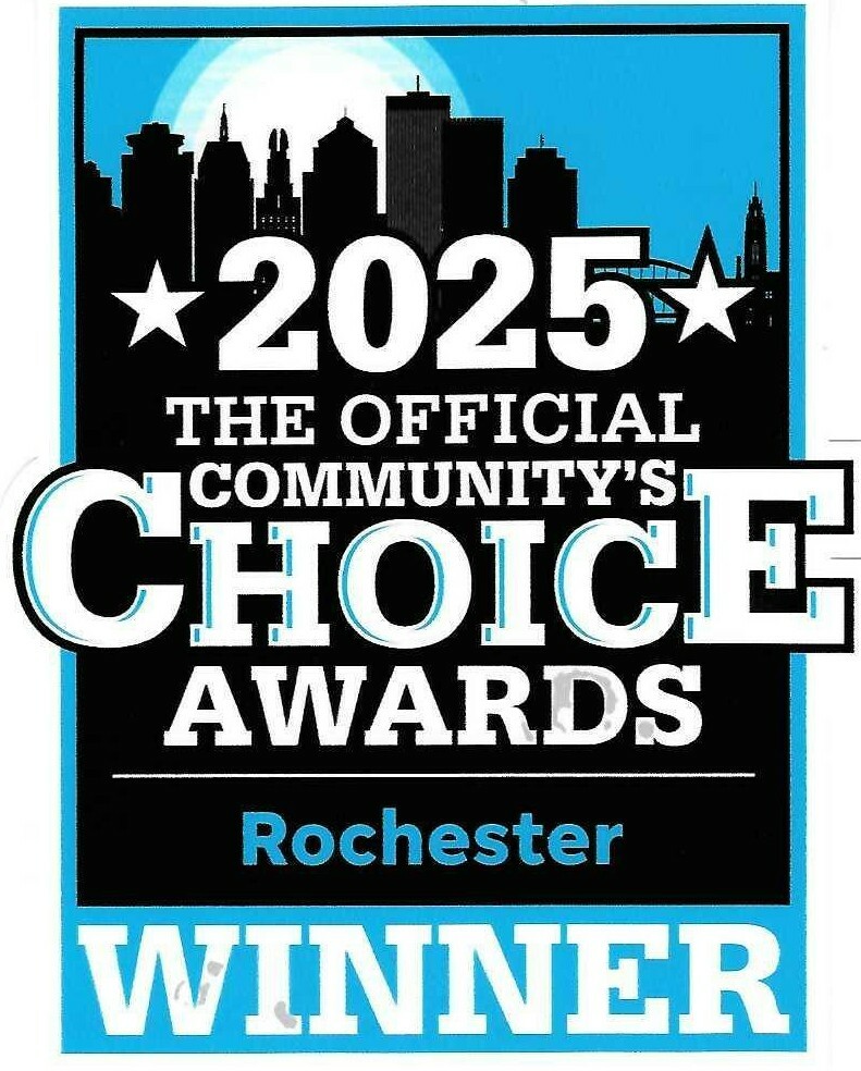 A blue and black badge with a city skyline reads: 2025 The Official Community’s Choice Awards, Rochester, WINNER.